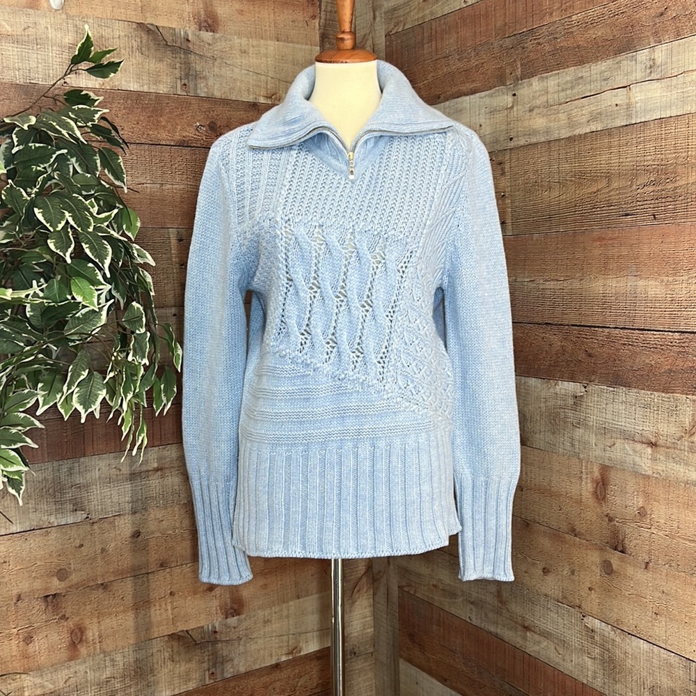 ESCADA Sky Blue 1/4 Zip Front Cable Knit Fold Over Collar Cashmere Sweater